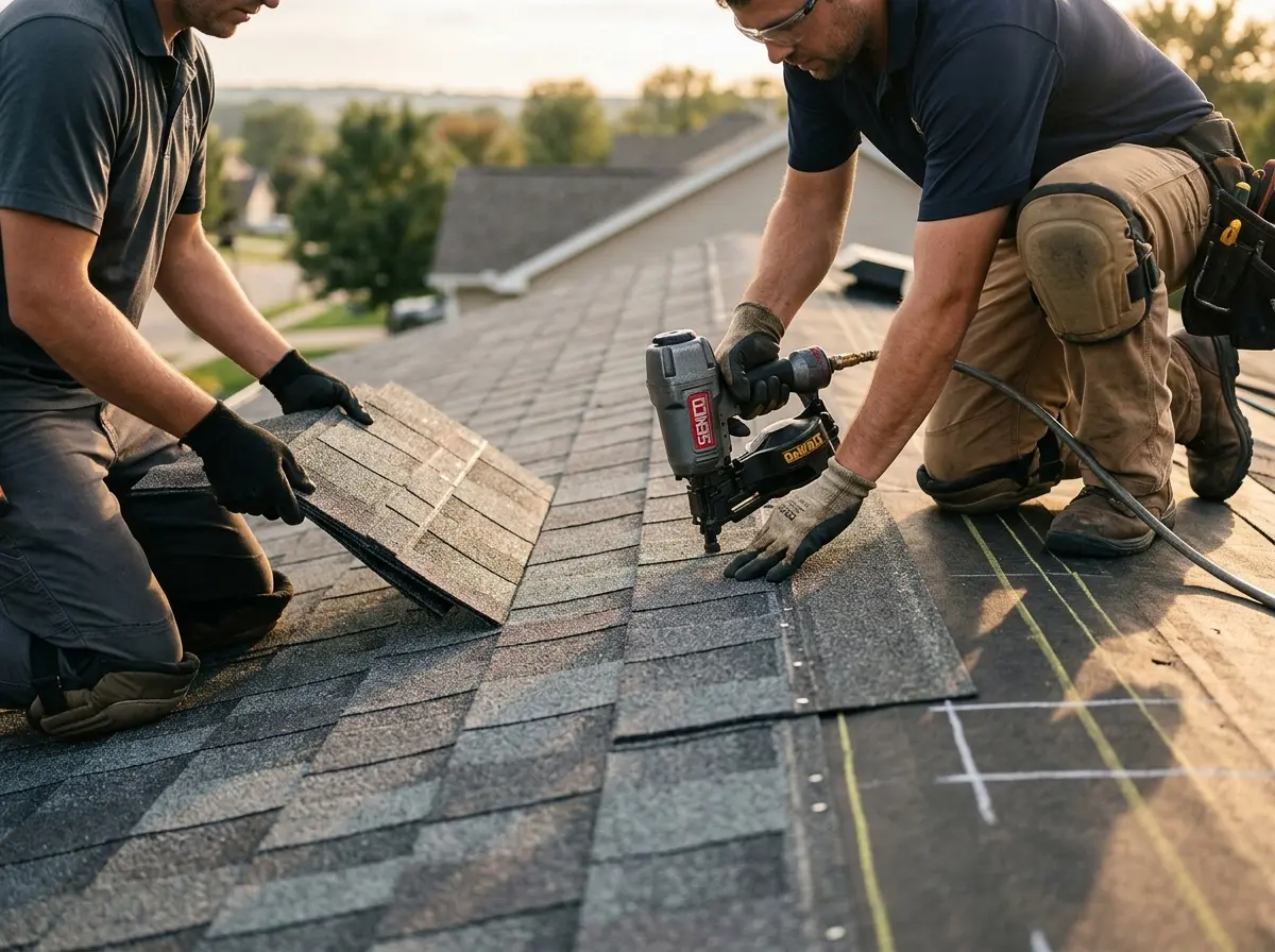 Professional roofer working on a residential roof in Fort Campbell North
